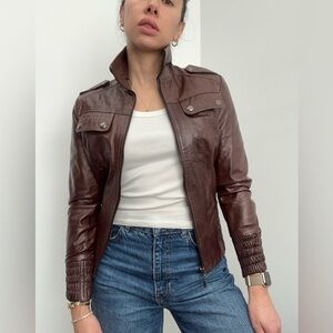 Vintage Vitello 70’s Brown Leather Moto Jacket High Neck Zip Front Size XS